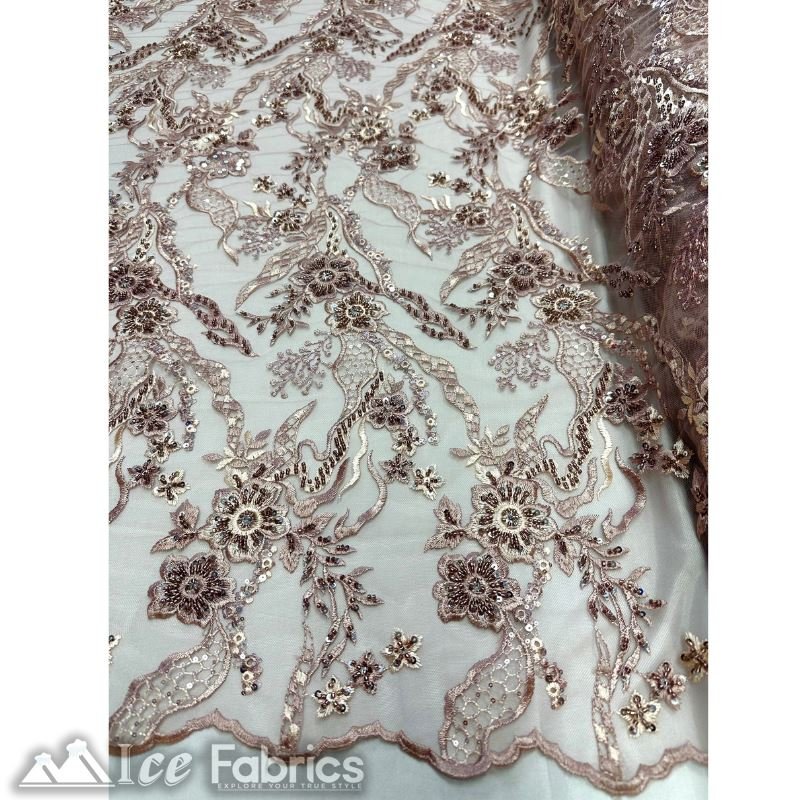 Floral Embroidery Beaded Fabric with Sequin on MeshICE FABRICSICE FABRICSDusty RoseBy The Yard (56 inches Wide)Floral Embroidery Beaded Fabric with Sequin on Mesh ICE FABRICS Dusty Rose