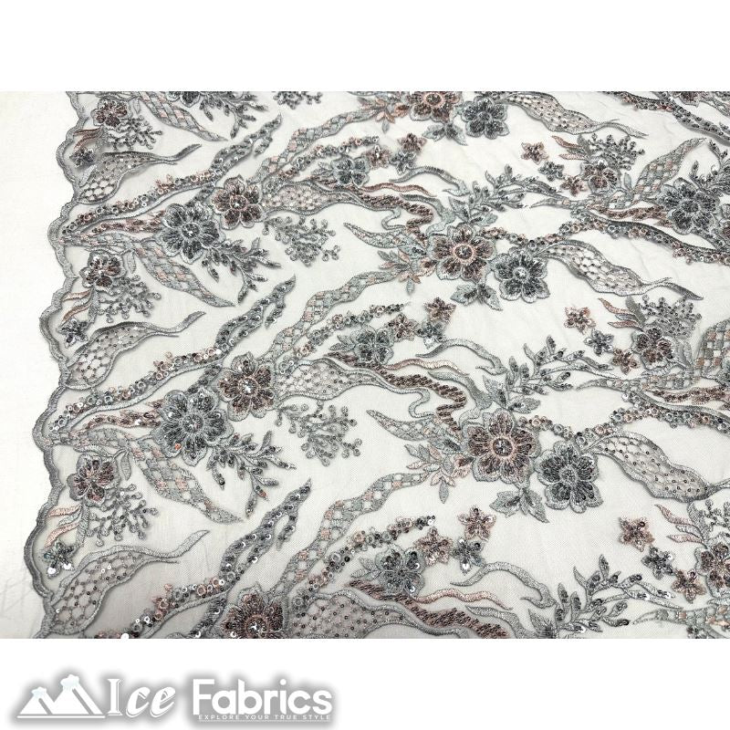 Floral Embroidery Beaded Fabric with Sequin on MeshICE FABRICSICE FABRICSGray And PinkBy The Yard (56 inches Wide)Floral Embroidery Beaded Fabric with Sequin on Mesh ICE FABRICS Gray And Pink