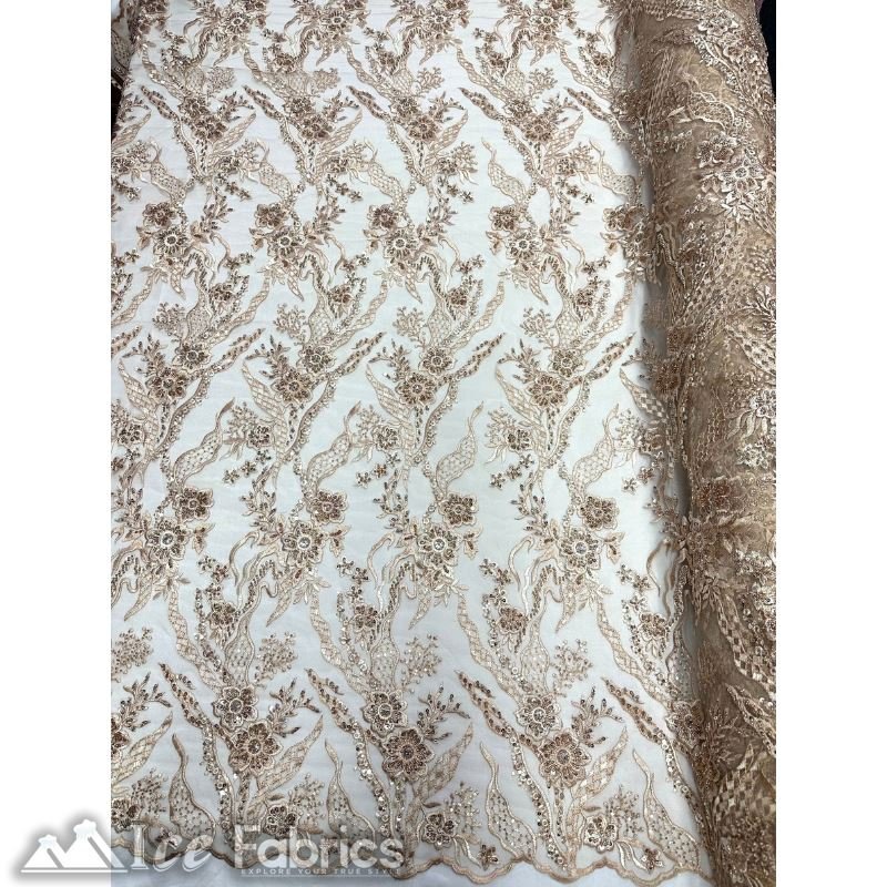 Floral Embroidery Beaded Fabric with Sequin on MeshICE FABRICSICE FABRICSChampagneBy The Yard (56 inches Wide)Floral Embroidery Beaded Fabric with Sequin on Mesh ICE FABRICS Champagne