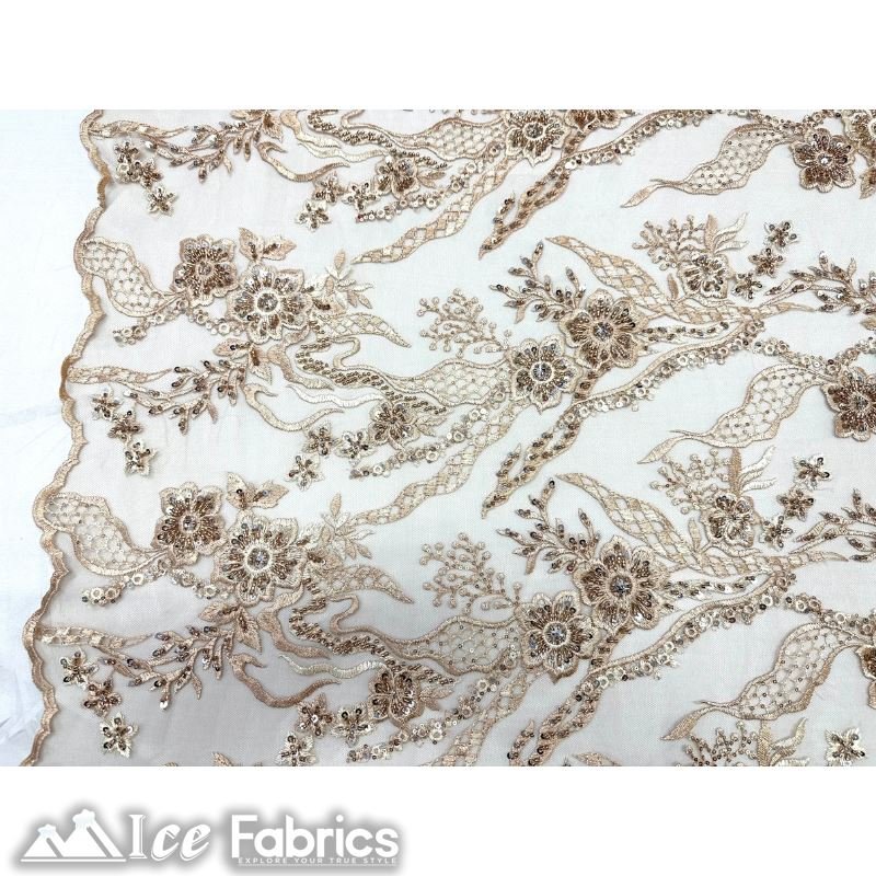 Floral Embroidery Beaded Fabric with Sequin on MeshICE FABRICSICE FABRICSChampagneBy The Yard (56 inches Wide)Floral Embroidery Beaded Fabric with Sequin on Mesh ICE FABRICS Champagne