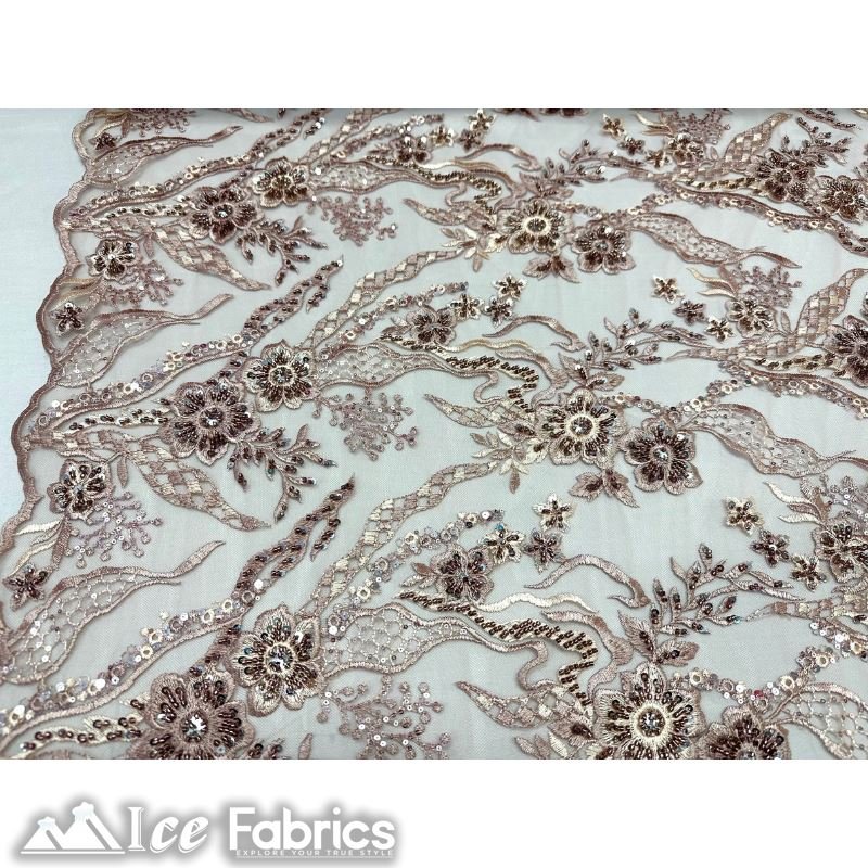 Floral Embroidery Beaded Fabric with Sequin on MeshICE FABRICSICE FABRICSDusty RoseBy The Yard (56 inches Wide)Floral Embroidery Beaded Fabric with Sequin on Mesh ICE FABRICS Dusty Rose