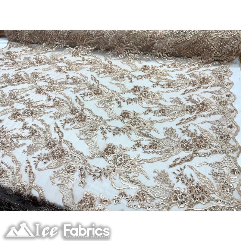 Floral Embroidery Beaded Fabric with Sequin on MeshICE FABRICSICE FABRICSChampagneBy The Yard (56 inches Wide)Floral Embroidery Beaded Fabric with Sequin on Mesh ICE FABRICS Champagne