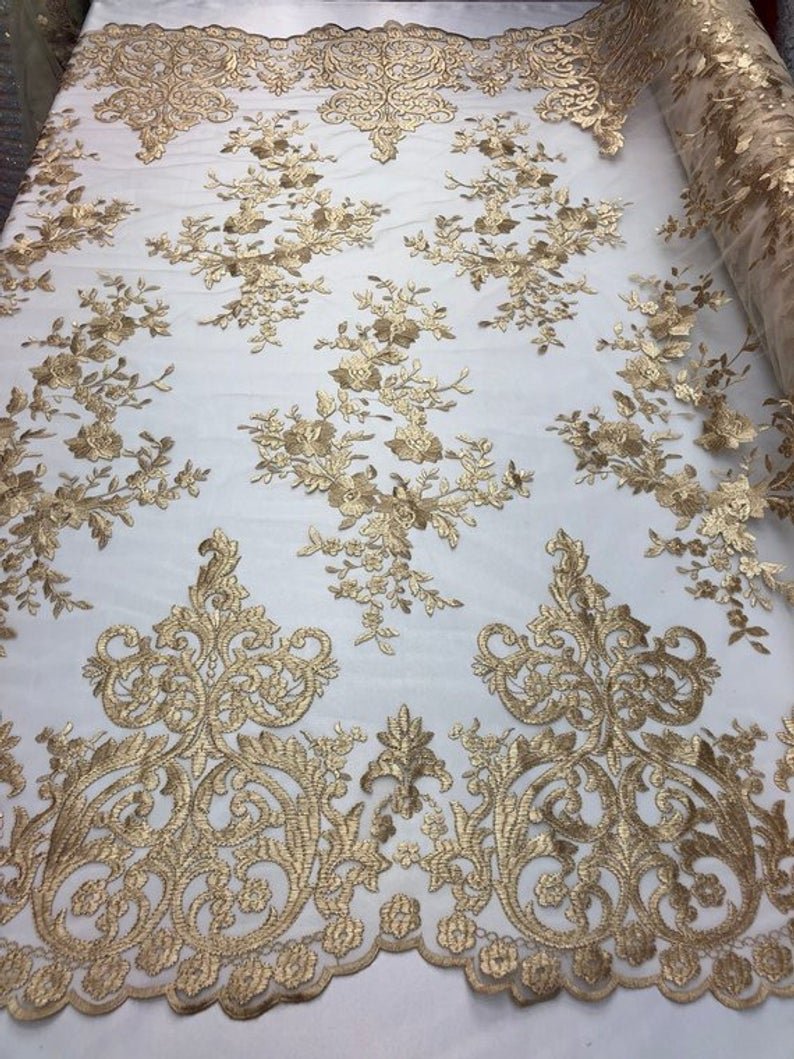 Floral Flower Mesh Lace Wedding Prom Dress Fabric By The YardICEFABRICICE FABRICSTaupeFloral Flower Mesh Lace Wedding Prom Dress Fabric By The Yard ICEFABRIC Gold