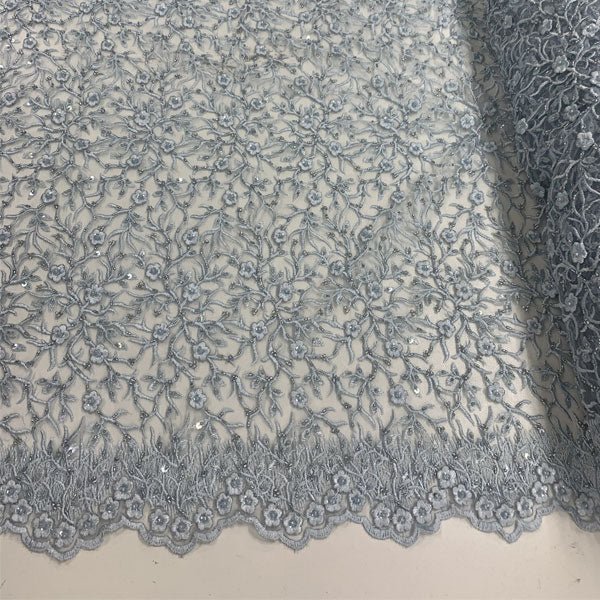 Floral Lace Beaded Fabric With Sequin On A Mesh By The YardICEFABRICICE FABRICSSky BlueFloral Lace Beaded Fabric With Sequin On A Mesh By The Yard ICEFABRIC Sky Blue