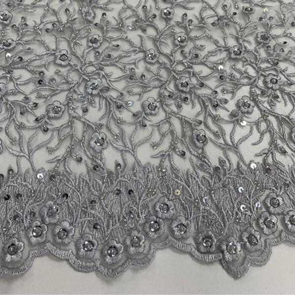 Floral Lace Beaded Fabric With Sequin On A Mesh By The YardICEFABRICICE FABRICSSky BlueFloral Lace Beaded Fabric With Sequin On A Mesh By The Yard ICEFABRIC Gray