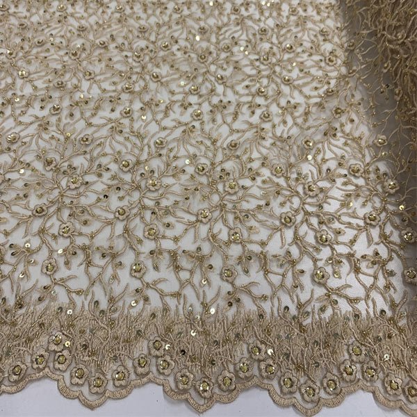 Floral Lace Beaded Fabric With Sequin On A Mesh By The YardICEFABRICICE FABRICSGoldFloral Lace Beaded Fabric With Sequin On A Mesh By The Yard ICEFABRIC Gold