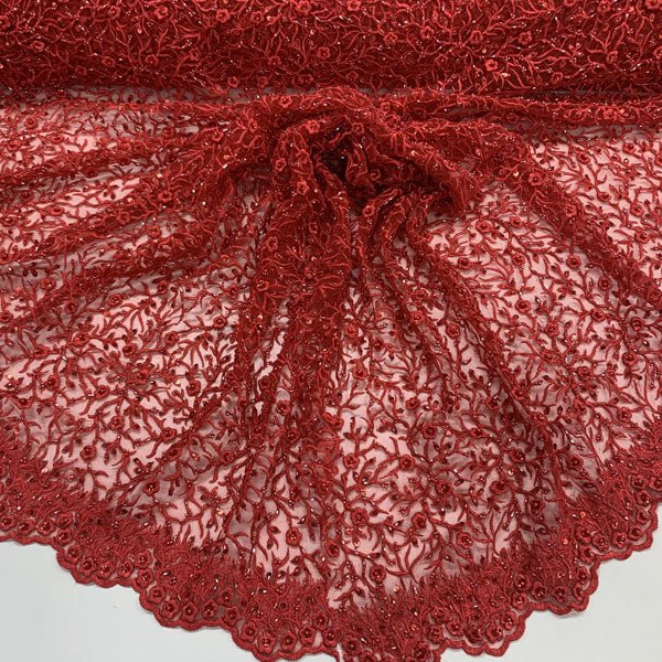 Floral Lace Beaded Fabric With Sequin On A Mesh By The YardICEFABRICICE FABRICSRedFloral Lace Beaded Fabric With Sequin On A Mesh By The Yard ICEFABRIC Red