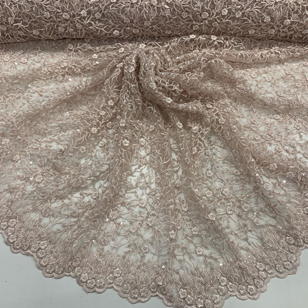 Floral Lace Beaded Fabric With Sequin On A Mesh By The YardICEFABRICICE FABRICSPinkFloral Lace Beaded Fabric With Sequin On A Mesh By The Yard ICEFABRIC Pink