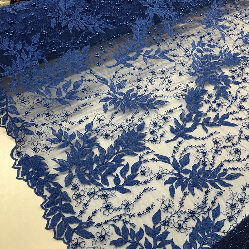 Floral Lace Fabric By the Yard_ Embroidered Beaded FabricICE FABRICSICE FABRICSRoyal BlueFloral Lace Fabric By the Yard_ Embroidered Beaded Fabric ICE FABRICS Royal Blue