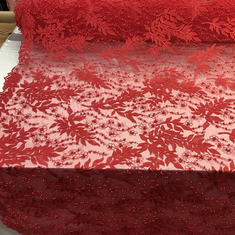 Floral Lace Fabric By the Yard_ Embroidered Beaded FabricICE FABRICSICE FABRICSRedFloral Lace Fabric By the Yard_ Embroidered Beaded Fabric ICE FABRICS Red