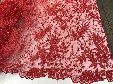 Floral Lace Fabric By the Yard_ Embroidered Beaded FabricICE FABRICSICE FABRICSDark GoldFloral Lace Fabric By the Yard_ Embroidered Beaded Fabric ICE FABRICS Red