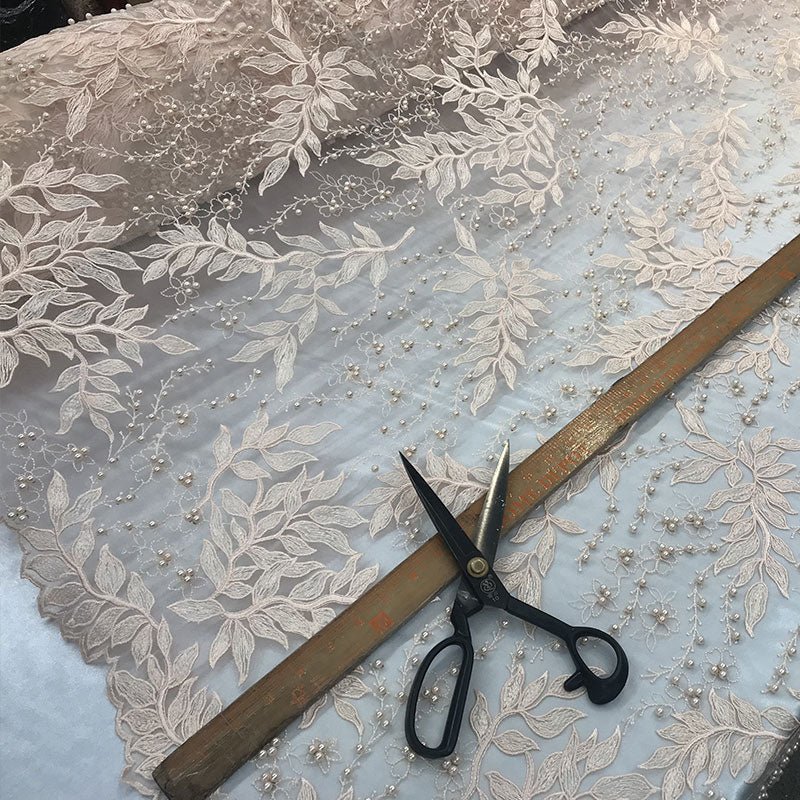 Floral Lace Fabric By the Yard_ Embroidered Beaded FabricICE FABRICSICE FABRICSRedFloral Lace Fabric By the Yard_ Embroidered Beaded Fabric ICE FABRICS Peach