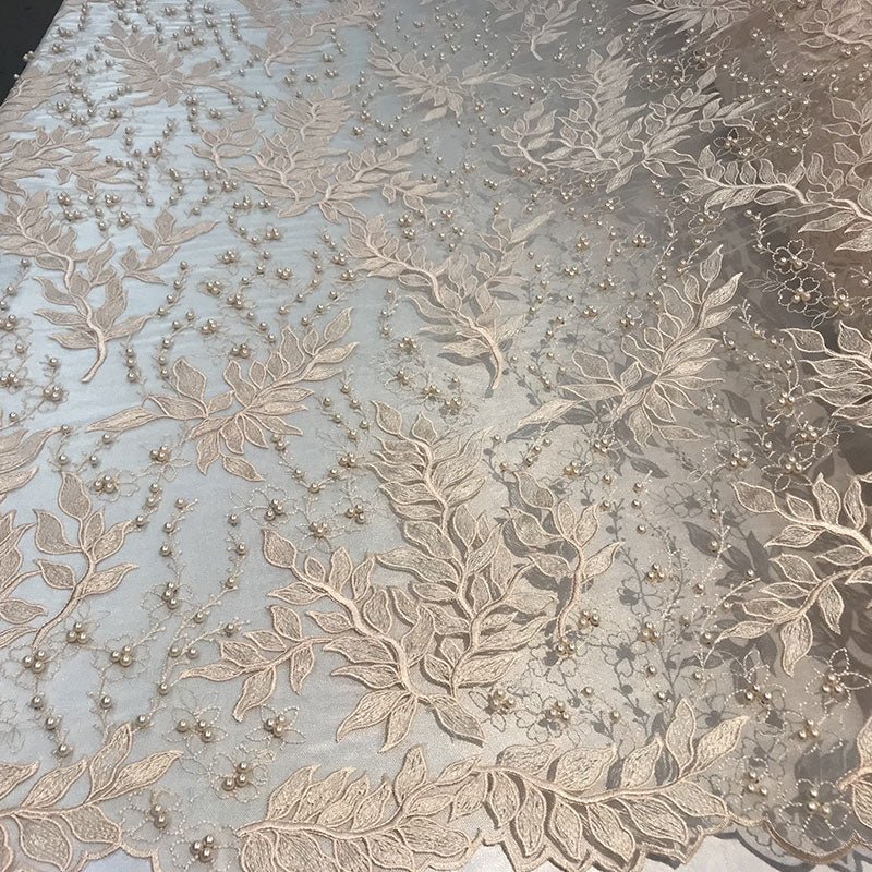Floral Lace Fabric By the Yard_ Embroidered Beaded FabricICE FABRICSICE FABRICSRedFloral Lace Fabric By the Yard_ Embroidered Beaded Fabric ICE FABRICS Peach