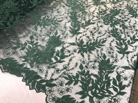 Floral Lace Fabric By the Yard_ Embroidered Beaded FabricICE FABRICSICE FABRICSHunter GreenFloral Lace Fabric By the Yard_ Embroidered Beaded Fabric ICE FABRICS Hunter Green