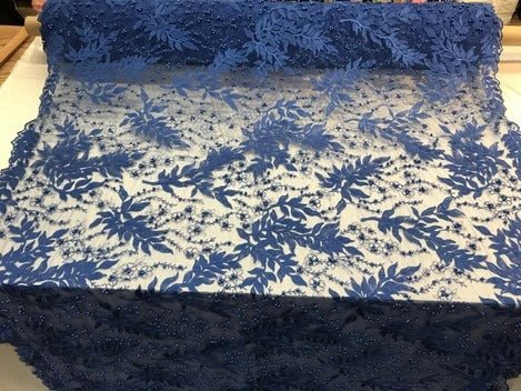 Floral Lace Fabric By the Yard_ Embroidered Beaded FabricICE FABRICSICE FABRICSRoyal BlueFloral Lace Fabric By the Yard_ Embroidered Beaded Fabric ICE FABRICS Royal Blue