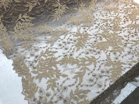 Floral Lace Fabric By the Yard_ Embroidered Beaded FabricICE FABRICSICE FABRICSHunter GreenFloral Lace Fabric By the Yard_ Embroidered Beaded Fabric ICE FABRICS Dark Gold