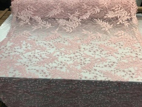 Floral Lace Fabric By the Yard_ Embroidered Beaded FabricICE FABRICSICE FABRICSLight PinkFloral Lace Fabric By the Yard_ Embroidered Beaded Fabric ICE FABRICS Light Pink