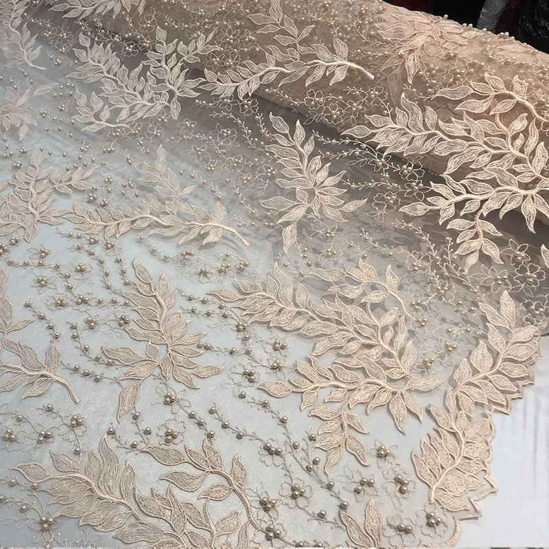 Floral Lace Fabric By the Yard_ Embroidered Beaded FabricICE FABRICSICE FABRICSRedFloral Lace Fabric By the Yard_ Embroidered Beaded Fabric ICE FABRICS Peach