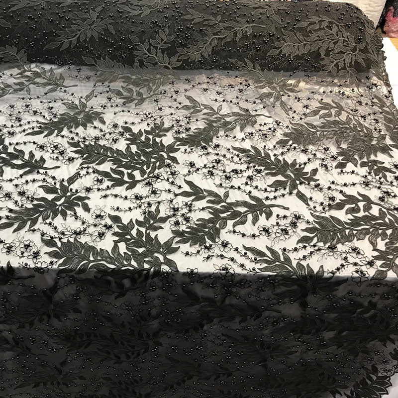 Floral Lace Fabric By the Yard_ Embroidered Beaded FabricICE FABRICSICE FABRICSBlackFloral Lace Fabric By the Yard_ Embroidered Beaded Fabric ICE FABRICS Black