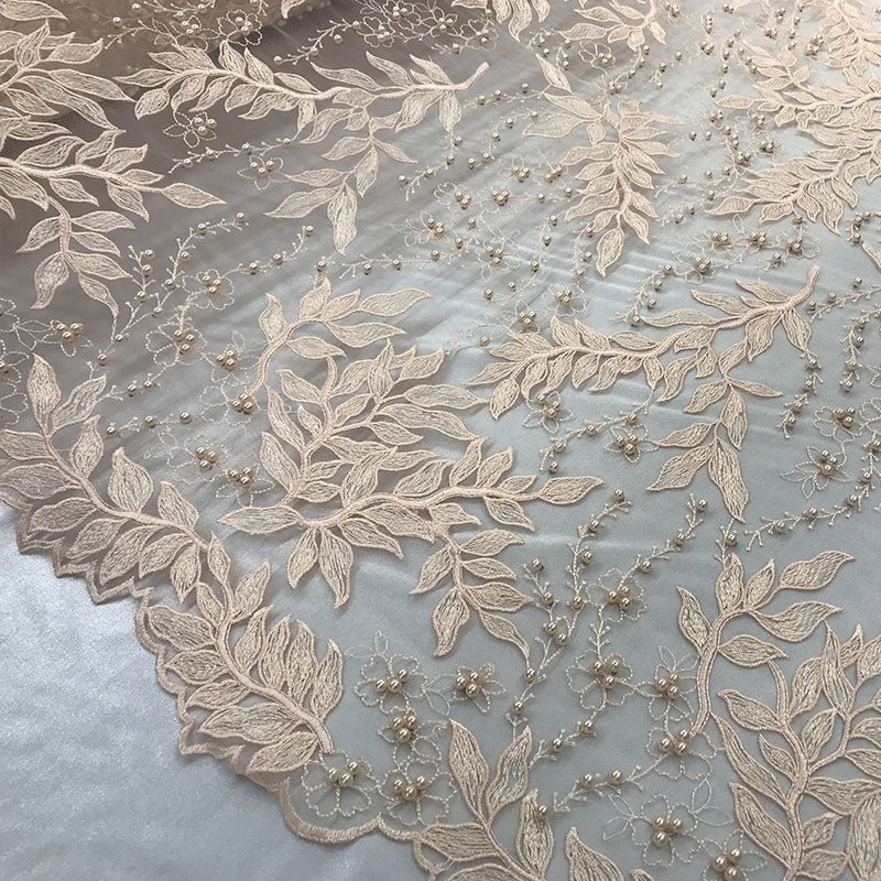 Floral Lace Fabric By the Yard_ Embroidered Beaded FabricICE FABRICSICE FABRICSRedFloral Lace Fabric By the Yard_ Embroidered Beaded Fabric ICE FABRICS Peach