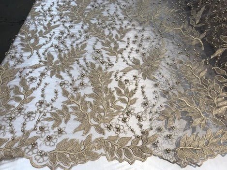 Floral Lace Fabric By the Yard_ Embroidered Beaded FabricICE FABRICSICE FABRICSHunter GreenFloral Lace Fabric By the Yard_ Embroidered Beaded Fabric ICE FABRICS Dark Gold