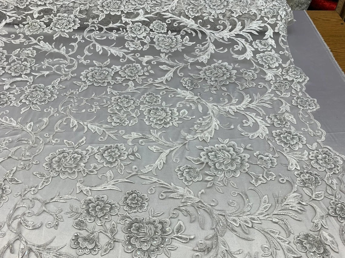 Floral White Lace Fabric | Embroidery Beaded laceICE FABRICSICE FABRICSBy The YardFloral White Lace Fabric | Embroidery Beaded lace ICE FABRICS