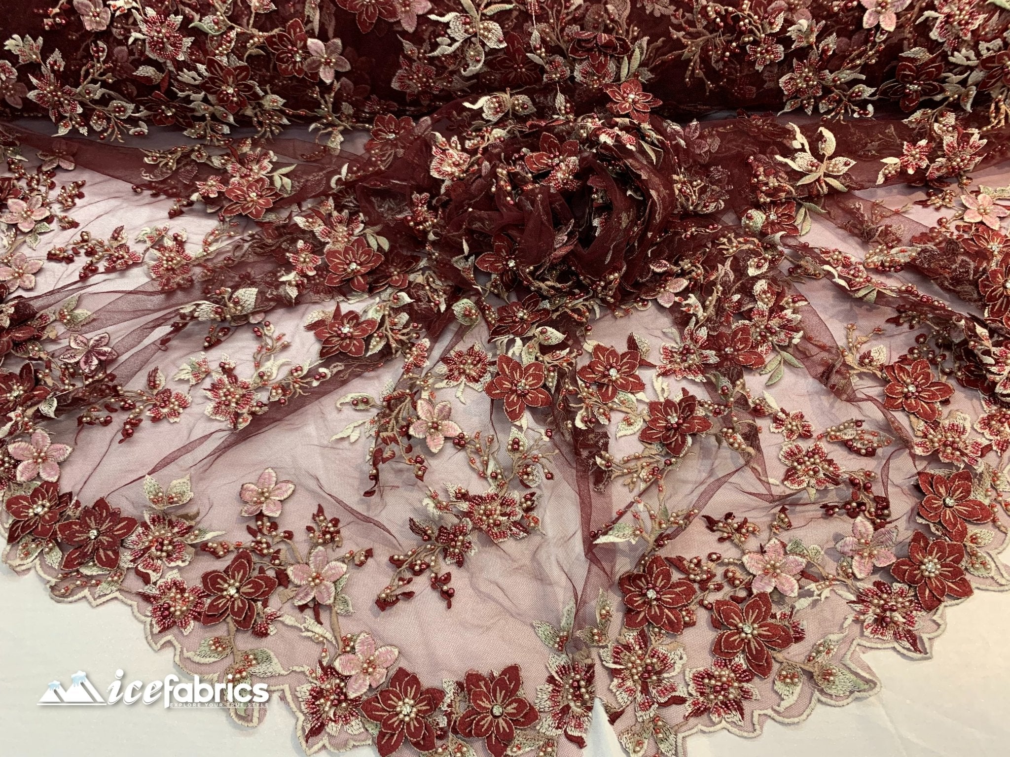 Flowers Embroidered Beaded Fabric/ Mesh Lace Fabric/ Bridal Fabric/ICE FABRICSICE FABRICSBurgundyFlowers Embroidered Beaded Fabric/ Mesh Lace Fabric/ Bridal Fabric/ ICE FABRICS Burgundy