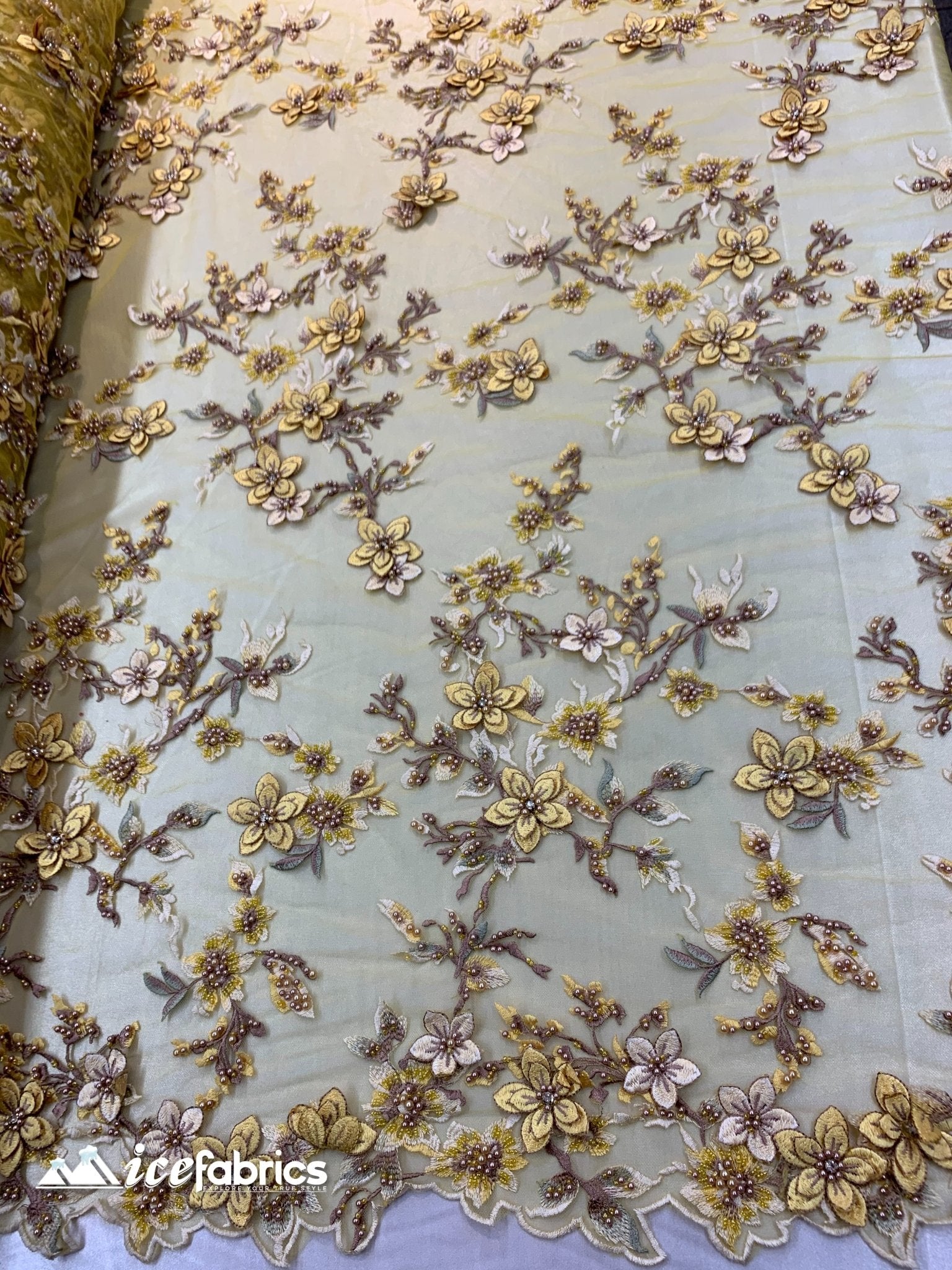 Flowers Embroidered Beaded Fabric/ Mesh Lace Fabric/ Bridal Fabric/ICE FABRICSICE FABRICSYellowFlowers Embroidered Beaded Fabric/ Mesh Lace Fabric/ Bridal Fabric/ ICE FABRICS Yellow