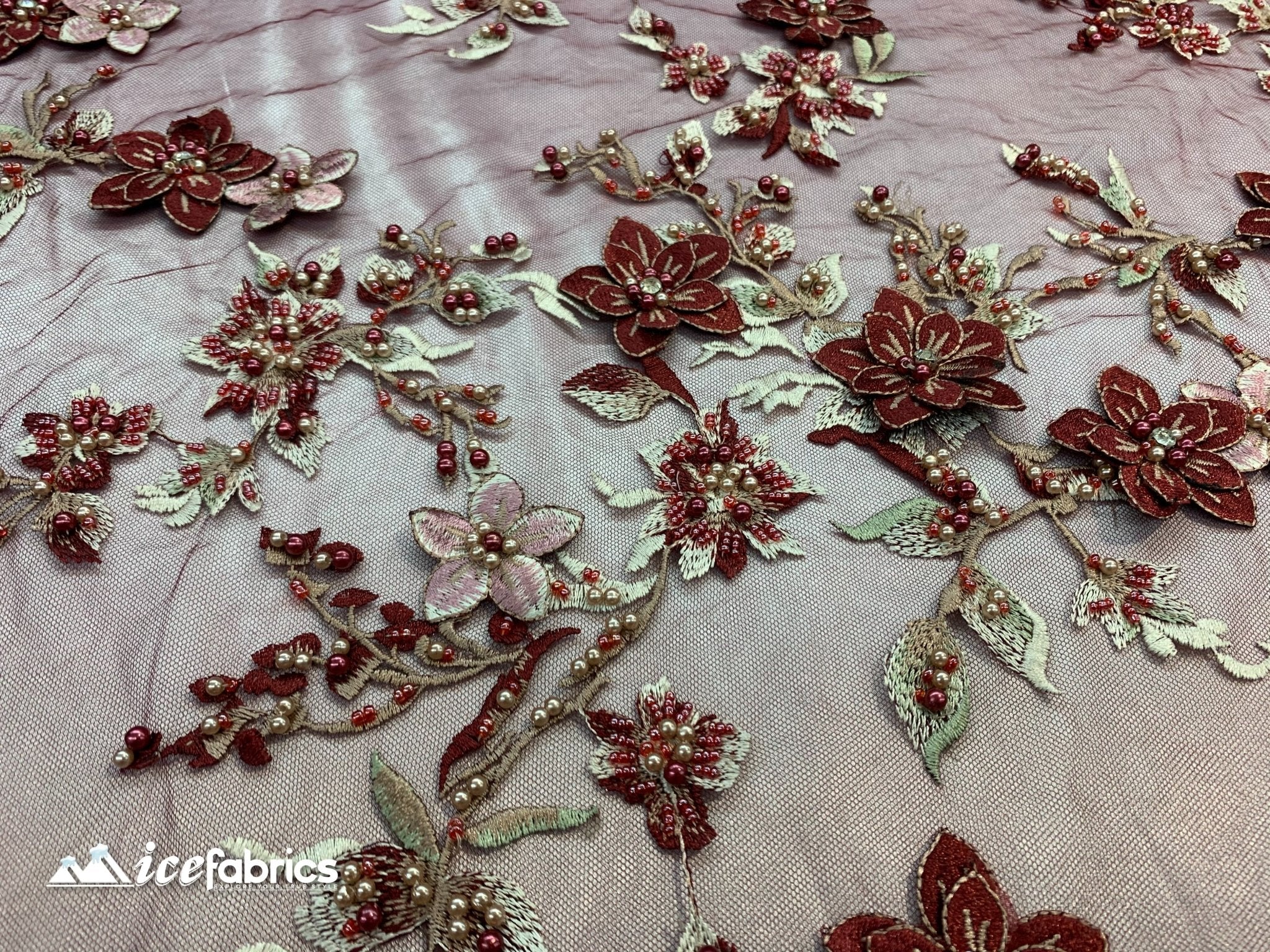 Flowers Embroidered Beaded Fabric/ Mesh Lace Fabric/ Bridal Fabric/ICE FABRICSICE FABRICSBurgundyFlowers Embroidered Beaded Fabric/ Mesh Lace Fabric/ Bridal Fabric/ ICE FABRICS Burgundy