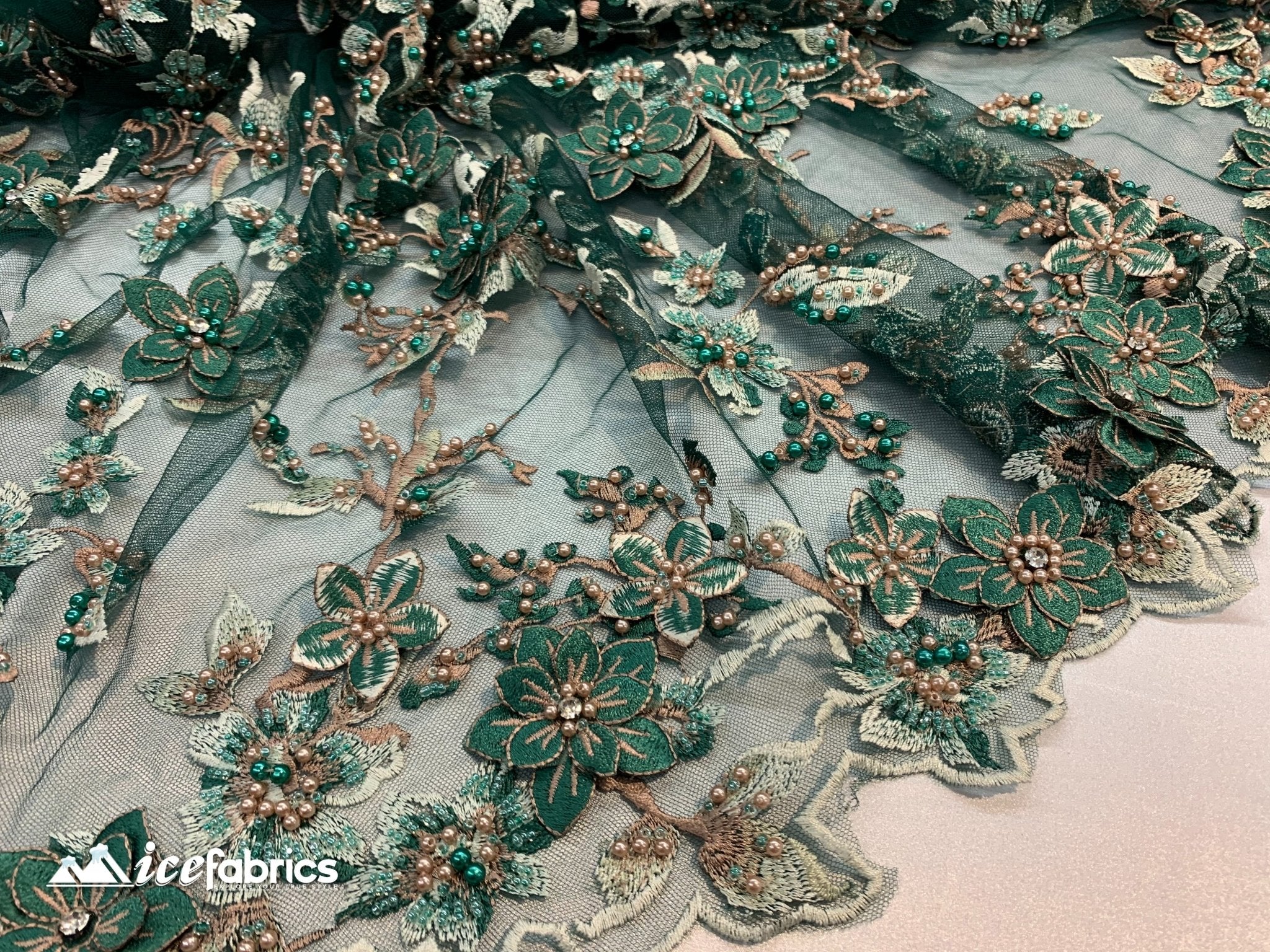 Flowers Embroidered Beaded Fabric/ Mesh Lace Fabric/ Bridal Fabric/ICE FABRICSICE FABRICSHunter GreenFlowers Embroidered Beaded Fabric/ Mesh Lace Fabric/ Bridal Fabric/ ICE FABRICS Hunter Green