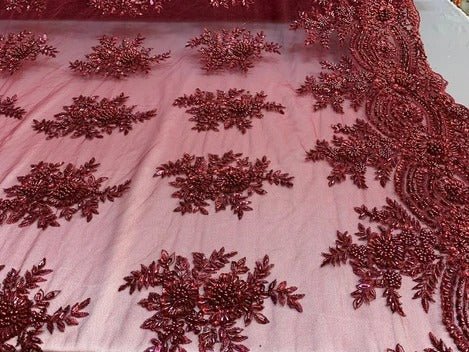 Flowers Floral Hand Beading Embroidery Lace Fabric By The YardICE FABRICSICE FABRICSBurgundyFlowers Floral Hand Beading Embroidery Lace Fabric By The Yard ICE FABRICS Burgundy