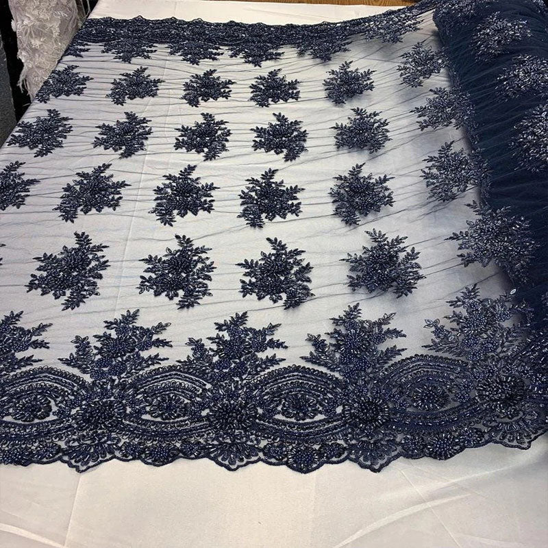 Flowers Floral Hand Beading Embroidery Lace Fabric By The YardICE FABRICSICE FABRICSNavy BlueFlowers Floral Hand Beading Embroidery Lace Fabric By The Yard ICE FABRICS Navy Blue