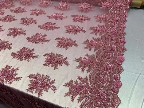 Flowers Floral Hand Beading Embroidery Lace Fabric By The YardICE FABRICSICE FABRICSPinkFlowers Floral Hand Beading Embroidery Lace Fabric By The Yard ICE FABRICS Pink
