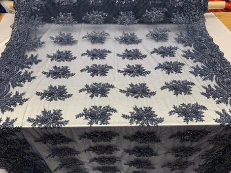 Flowers Floral Hand Beading Embroidery Lace Fabric By The YardICE FABRICSICE FABRICSNavy BlueFlowers Floral Hand Beading Embroidery Lace Fabric By The Yard ICE FABRICS Navy Blue