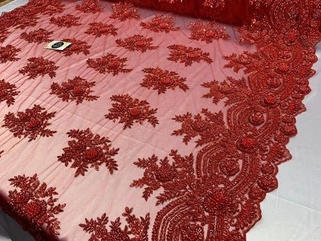 Flowers Floral Hand Beading Embroidery Lace Fabric By The YardICE FABRICSICE FABRICSRedFlowers Floral Hand Beading Embroidery Lace Fabric By The Yard ICE FABRICS Red