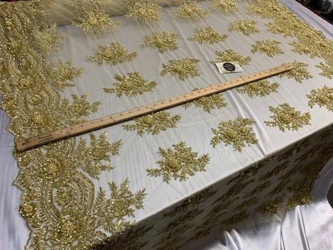 Flowers Floral Hand Beading Embroidery Lace Fabric By The YardICE FABRICSICE FABRICSBurgundyFlowers Floral Hand Beading Embroidery Lace Fabric By The Yard ICE FABRICS Gold
