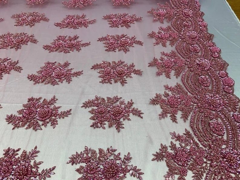 Flowers Floral Hand Beading Embroidery Lace Fabric By The YardICE FABRICSICE FABRICSPinkFlowers Floral Hand Beading Embroidery Lace Fabric By The Yard ICE FABRICS Pink