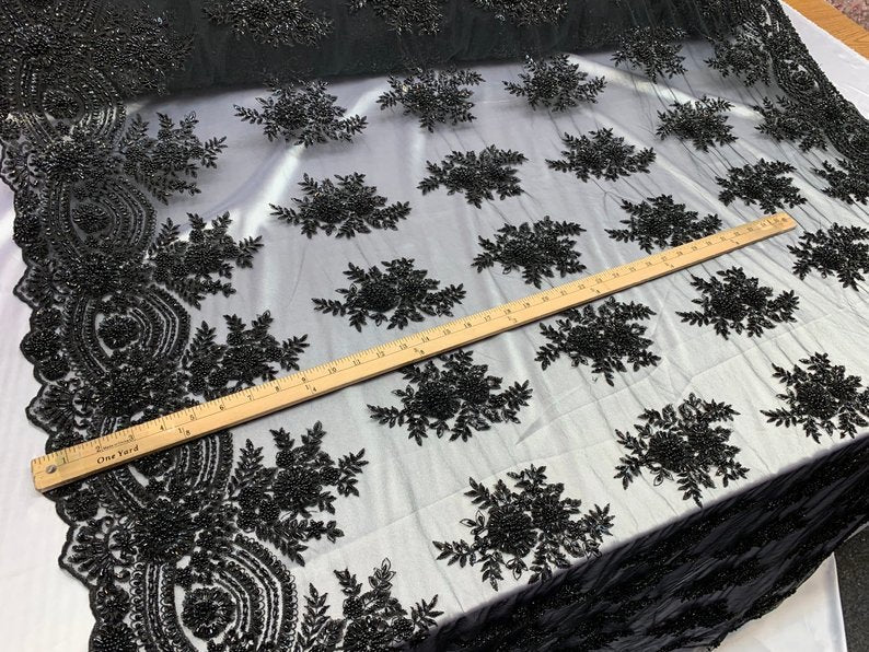 Flowers Floral Hand Beading Embroidery Lace Fabric By The YardICE FABRICSICE FABRICSBlackFlowers Floral Hand Beading Embroidery Lace Fabric By The Yard ICE FABRICS Black