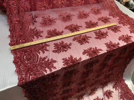 Flowers Floral Hand Beading Embroidery Lace Fabric By The YardICE FABRICSICE FABRICSBurgundyFlowers Floral Hand Beading Embroidery Lace Fabric By The Yard ICE FABRICS Burgundy