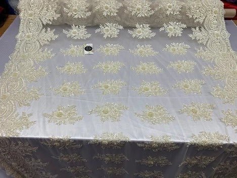 Flowers Floral Hand Beading Embroidery Lace Fabric By The YardICE FABRICSICE FABRICSIvoryFlowers Floral Hand Beading Embroidery Lace Fabric By The Yard ICE FABRICS Ivory