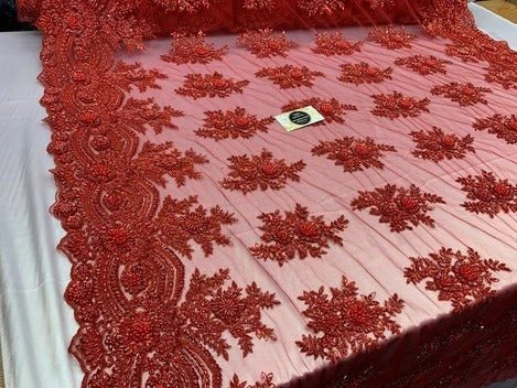 Flowers Floral Hand Beading Embroidery Lace Fabric By The YardICE FABRICSICE FABRICSRedFlowers Floral Hand Beading Embroidery Lace Fabric By The Yard ICE FABRICS Red