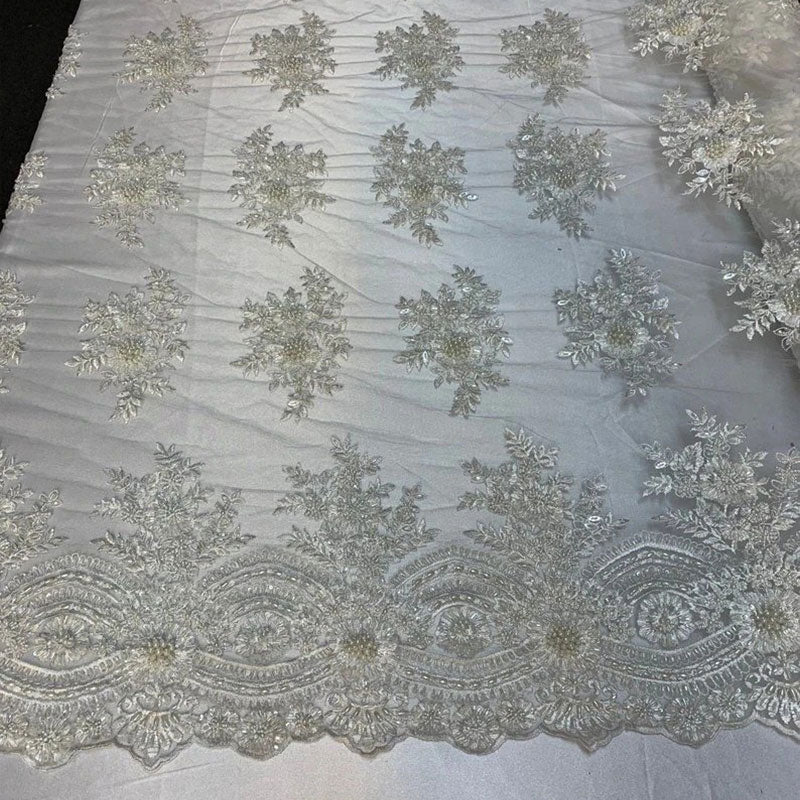 Flowers Floral Hand Beading Embroidery Lace Fabric By The YardICE FABRICSICE FABRICSOff WhiteFlowers Floral Hand Beading Embroidery Lace Fabric By The Yard ICE FABRICS Off White
