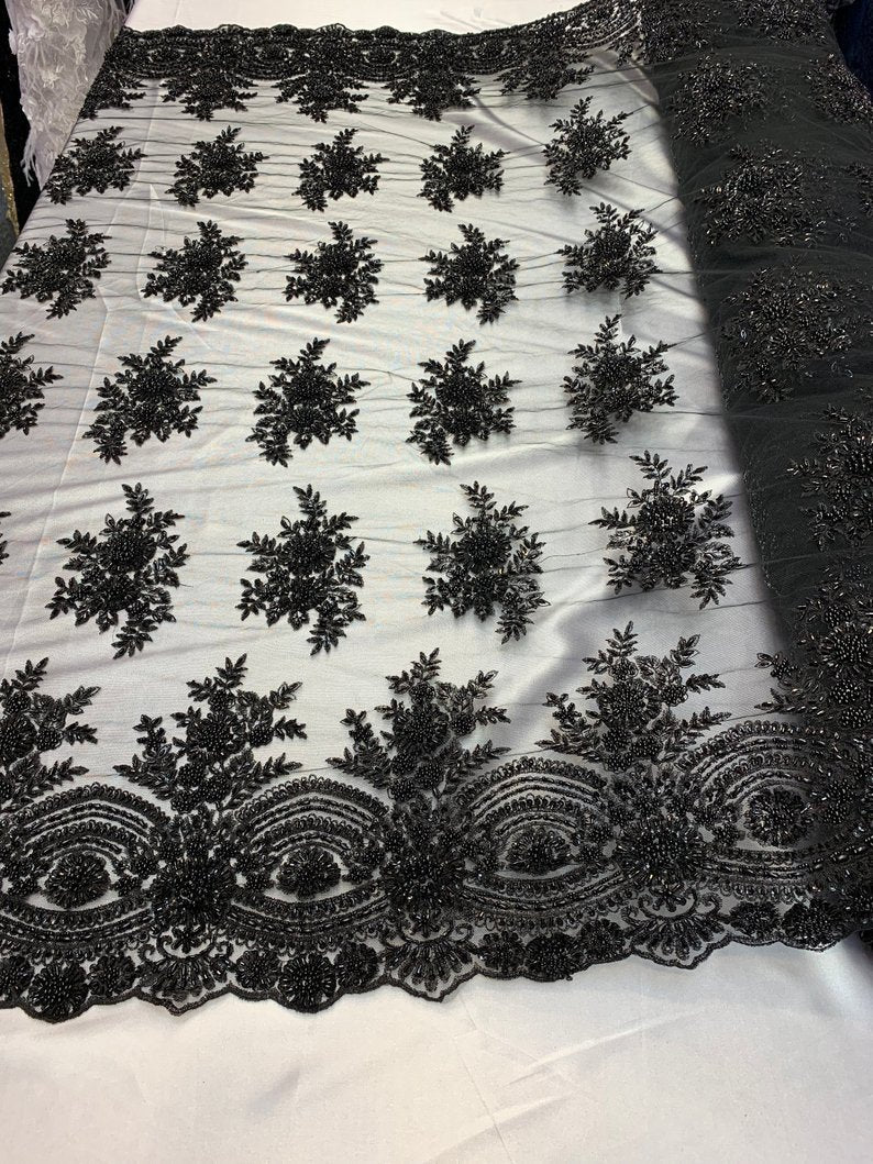 Flowers Floral Hand Beading Embroidery Lace Fabric By The YardICE FABRICSICE FABRICSBlackFlowers Floral Hand Beading Embroidery Lace Fabric By The Yard ICE FABRICS Black