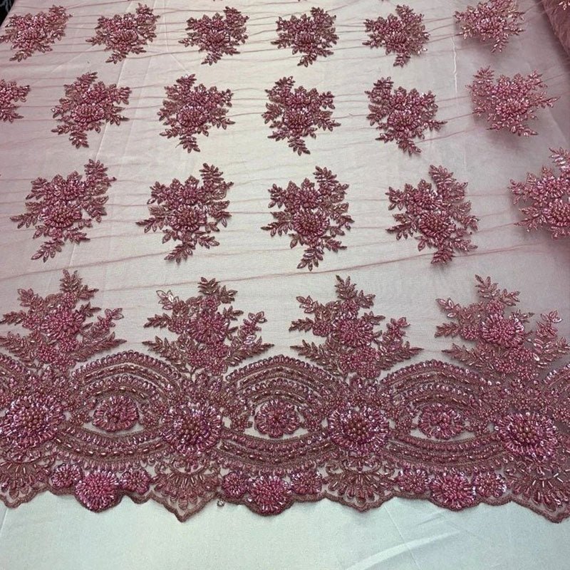 Flowers Floral Hand Beading Embroidery Lace Fabric By The YardICE FABRICSICE FABRICSPinkFlowers Floral Hand Beading Embroidery Lace Fabric By The Yard ICE FABRICS Pink