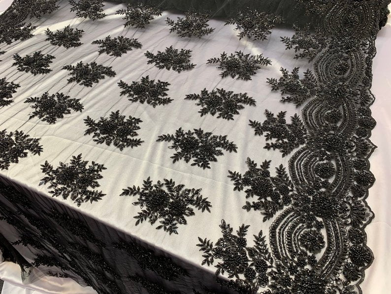 Flowers Floral Hand Beading Embroidery Lace Fabric By The YardICE FABRICSICE FABRICSBlackFlowers Floral Hand Beading Embroidery Lace Fabric By The Yard ICE FABRICS Black