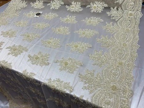 Flowers Floral Hand Beading Embroidery Lace Fabric By The YardICE FABRICSICE FABRICSIvoryFlowers Floral Hand Beading Embroidery Lace Fabric By The Yard ICE FABRICS Ivory