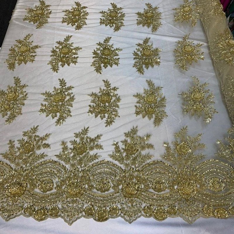 Flowers Floral Hand Beading Embroidery Lace Fabric By The YardICE FABRICSICE FABRICSGoldFlowers Floral Hand Beading Embroidery Lace Fabric By The Yard ICE FABRICS Gold