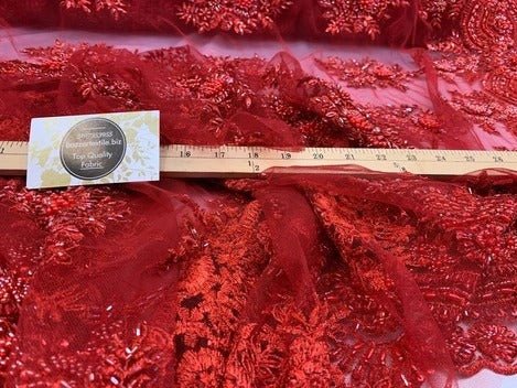Flowers Floral Hand Beading Embroidery Lace Fabric By The YardICE FABRICSICE FABRICSRedFlowers Floral Hand Beading Embroidery Lace Fabric By The Yard ICE FABRICS Red