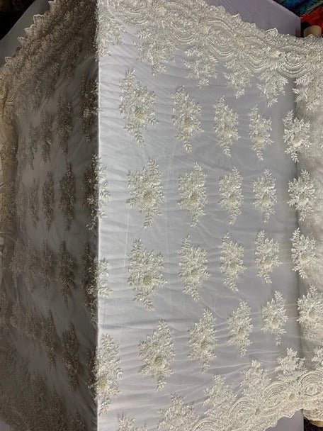 Flowers Floral Hand Beading Embroidery Lace Fabric By The YardICE FABRICSICE FABRICSPinkFlowers Floral Hand Beading Embroidery Lace Fabric By The Yard ICE FABRICS Off White