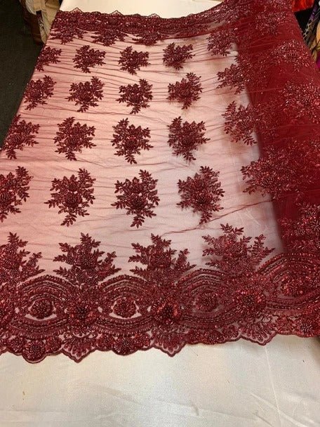 Flowers Floral Hand Beading Embroidery Lace Fabric By The YardICE FABRICSICE FABRICSBurgundyFlowers Floral Hand Beading Embroidery Lace Fabric By The Yard ICE FABRICS Burgundy